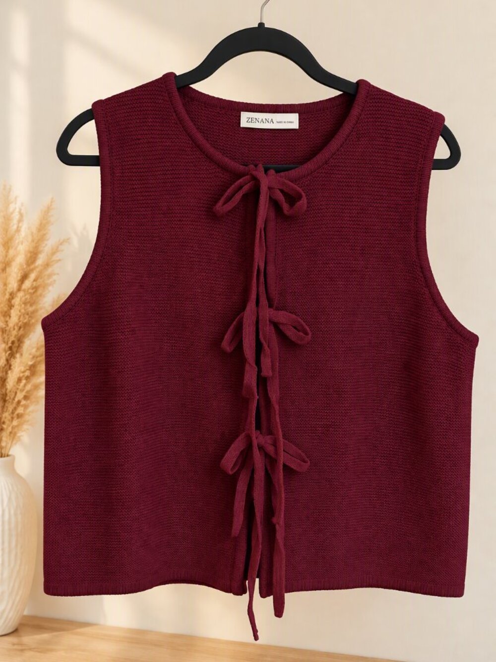 Zenana Burgundy Tie-Front Cotton Knit Sweater Vest Size Large